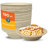 ECO SOUL [180 ml, 100 Pack Disposable Bagasse Bowls | Eco-friendly, Biodegradable, Sugarcane Paper Bowls | for Serving Snacks & Dinner | Birthday, Wedding & Party | Round, Beige