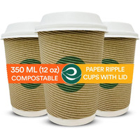 ECO SOUL [350 ml, 25 Count Biodegradable Ripple Cups with Lid| Sustainable Disposable Paper Cups | Eco-friendly Hot Cups | Sturdy, Microwave Safe