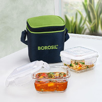 Borosil Alfa Glass Lunch Box Green, Set of 2, 320 ml, Square, Vertical, Microwave Safe Office Tiffin