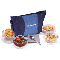SOPL-OLIVEWARE Olive Glass Lunch Box, Insulated Fabric Bag, Leak Proof & Microwave Safe, Borosilicate Glass, Set of 4 (2x320ml & 2x400ml) - Blue