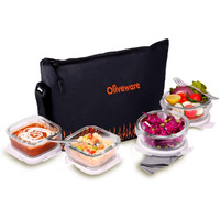 SOPL-OLIVEWARE Musk Glassware Lunchbox with Napkin & Steel Cutlery, Borosilicate Glass & Microwave Proof, Safety Lock Airtight Square Tiffin, 4 Container (2 * 320ml & 2 * 400ml) - Black&Orange