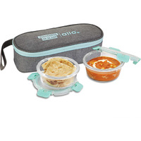 Allo FoodSafe Glass Lunch Box with Break Free Detachable Lock, Oven Safe Microwave Safe Borosilicate Glass Container, Office Tiffin with Canvas Grey Flat Bag, Set of 2, 390ml, Round