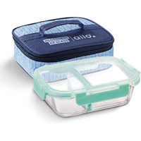 Allo FoodSafe Compartment Glass Lunch Box with Break Free Lock, Oven & Microwave Safe, Borosilicate Glass Container with Partition Divider, Office Tiffin with Space Blue Bag, 580ml, Rectangle