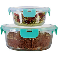 Allo Food Safe Glass Containers with Lids with Break Free Lock, Microwave Safe Containers, Borosilicate Meal Prep Glass Food Storage Containers for Kitchen, Set of 2, 390ml, 930ml, Round