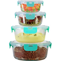 Allo Food Safe Glass Containers with Lids, Microwave Safe Containers, Borosilicate Meal Prep Glass Food Storage Containers for Kitchen, Set of 4 215ml, 390ml, 635ml, 930ml Round