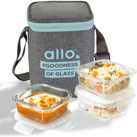 Allo Food Safe Borosilicate Glass Lunch Box, 450C Microwave Safe Lunch Box, Borosilicate Borosilicate Glass Tiffin for Office with Canvas Grey Tiffin Bag, Set of 3, 320ml x 3, Square