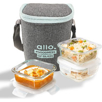 Allo Food Safe Borosilicate Glass Lunch Box, 450C Microwave Safe Lunch Box, Borosilicate Borosilicate Glass Tiffin for Office with Denim Grey Tiffin Bag, Set of 3, 320ml x 3, Square