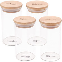 The Better Home Pack of 4 Kitchen Accessories Item with Bamboo Lid I Transparent Airtight Borosilicate Kitchen Containers Set | Glass Jars for Cookies Snacks Tea Coffee Sugar | 300 ml Each