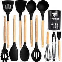 Fruitalite Silicone Kitchen Utensils Spoon Spatula Cooking 12 Pcs Set | Non-Stick with Wooden Handle- BPA Free, Heat Resistant Item, Flexible Non Toxic Silicon Cookware Tools with Holder- Black