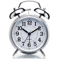 JASIFS Table Clock Retro Twin Bell Metal Frame Alarm Clock with Night Backlight Function and Silent Motion, High Volume Bedside Luminous Alarm for Students Bedroom/Office (Vinatge, Silver)