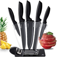 Fruitalite 7 Pieces Kitchen Knife Set with Acrylic Stand & Sharpener- Stainless Steel Blades with Non-Stick Coating | Premium Professional Sharp Chef Knives | Non-Slip Ergonomic Handle- Black