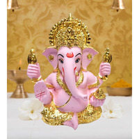 Gold Art India Mukut Ganesha Statue Gold Plated | Car Dashboard | Office Desk/Home Dcor | Gifting | House Warming | | 150g | 3.3 Height | (4HANDMUKUTGOLDPINK)