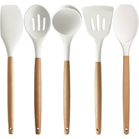 5 Piece Silicone spatulas Wooden Handle Non-Stick Silicone Spatula,BPA Free Non Toxic Wooden Handle Spatula Set Used for Bake & Cooking (Cream, 5)