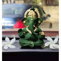 Gold Art India Lord Ganesha for Car Dashboard Forest Green Terracotta Mukut Ganesha Murti Ganpati Idol for Home Decor Puja Lord Ganesh Statue Gift for Office Desk Puja Room Figurine