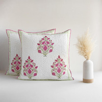 HOMEMONDE Quilted 24 X 24 Inches Soft Throw Cushion Cover - Pack Of 2 Jaipuri Hand Block Print Cotton Pillow Covers, Pink, 300 TC