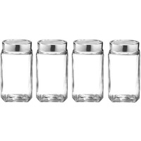 Piramal Glass Square Clear Jars & Containers for Kitchen Pantry, Snacks, Masala, Honey, Pickles, Cookies, Dry Fruits, and Coffee Beans Storage with Stainless Steel Lid (Cube Jar) (300ml, Set Of 4)