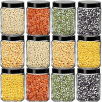 CLOUDMART Piramal 12 piece Black Lid Glass Container Square Jars||Pantry,Snacks,Masala,Honey,Pickles,Cookies,DryFruits,Coffee Beans Storage||Premium Look||BlackColorPlastic Lid (Candy Jars)(800ml)
