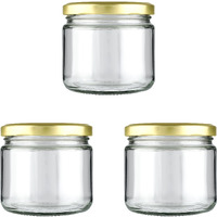 Shiva Organic 350gm Salsa Glass Jar for Kitchen Storage | Food Grade Glass Container | Golden Metal Cap | Air Tight Lid | Clear Transparent Jar (Pack of 3)