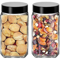 Piramal Glass Square Clear Jars & Containers for Kitchen Pantry, Snacks, Masala, Honey, Pickles, Cookies, Dry Fruits, Coffee Beans Storage with Black Color Plastic Lid (Cube Jar) (1000ml, Set Of 2)
