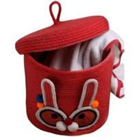 DOLCE CASA Kids Lid Basket With Beautiful Characters - Rope Storage Basket For Baby Diaper, Stuffed Animal Storage Bin Rope Basket For Kids Toy, Baby Laundry Baskets with Lid. (Red Rabbit)