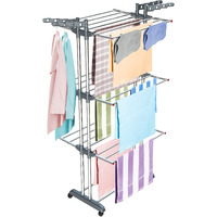 LiMETRO STEEL Premium Clothes Stand for Drying with Wheels | Portable 3 Layer Rack for Balcony | Foldable stainless steel Wings | 360 Rotating Hook for Hangers