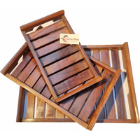 CARTADEN Wooden Serving Trays Modern Style With Cutout Handle Large, Medium And Small For Food, Wooden Trays For Breakfast - Natural Wood And Brown (Set of 3) Rectangular