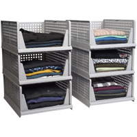 HomeStrap Set of 6, Stack it Up | Large Cloth Stacker | Foldable Shirt Storage Stacker for Wardrobe | Plastic Stackable Closet Organizer | Dark Grey