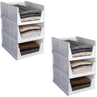 HomeStrap Set of 6, Stack it Up | Large Cloth Stacker | Foldable Shirt Storage Stacker for Wardrobe | Plastic Stackable Closet Organizer | White