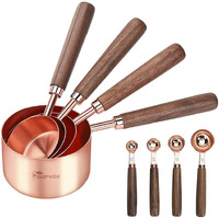 Supvox 8Pcs Measuring Cups and Spoons Set, Stainless Steel Measuring Cup with Wood Handle, Rose Gold Polished Finish, 60ml/80ml/125ml/250ml/1.25ml/2.5ml/5ml/15ml, for Cooking and Baking