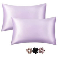 GO WELL Satin Silk Solid Pillow Cover For Hair And Skin 2 Piece With 3 Piece Satin Scrunchies For Women|Silk Pillow Covers With Envelope Closure End Design|Silk Pillow Cases(Light Purple)600 Tc