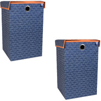 Homestrap Printed Foldable Laundry Bag/Bin Cum Basket with Lid and Handle Capacity- (75LTR) (Navy Blue & Orange) Pack of 2(Featured on Shark Tank)