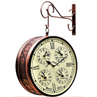 Vintage Clock Iron Handcrafted Double Side Analog Clock With World Time & Roman Numbers 1 Year Warranty (12 Inches Size , Rose Gold Finish , Floral Design, Vc-65471)