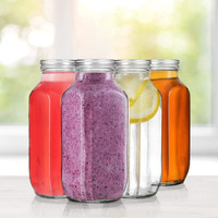 CLOUDMART 500Ml Glass French Square Bottle Jar With Steel Lid, Perfect For Home, Travel, Juicing, Water, Smoothie - Reusable Travel Glass Drinking Fridge Bottles - 500Ml - Set Of 4, Brown