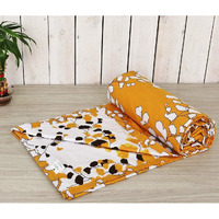 Trance Home Linen Cotton Double Dohar, 84x90inches (Mustard White Leaves)