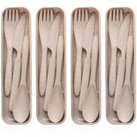 IRIDA NATURALS Unbreakable Wheat Straw Cutlery Set - Set of 4 (Soft Beige) Portable Fork and Spoon Set with Travel Case & Spoon Box for School, Reusable, Light Weight, EcoFriendly & Dishwasher Safe