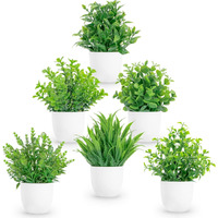 Dekorly Plastic Artificial Plants Small Fake Potted Plants, Mini Eucalyptus Potted Faux Decorative Grass Plant With White Pot For Home Decor, Indoor, Office, Desk, Shelf, Table Decoration|Pack Of 6