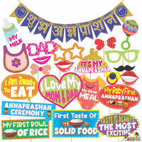 WOBBOX Annaprashan Photo Booth Party Props with Bunting Banner Hindi Font Shubh Annaprashan Dark Blue & Golden Color, Annaprashan Decoration Item