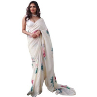 FABIAN FASHION Womens Floral White Colour Satin Saree with Unstitched Blouse Piece (FBN_looknbook_8002_White_White)