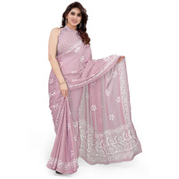 MIRCHI FASHION Womens Plain Weave Chiffon Batik Printed Saree with Blouse Piece (37995-Onion Pink, White)