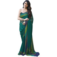MIRCHI FASHION Womens Plain Weave Chiffon SolidStripe Print Saree with Blouse Piece (38163-Teal)