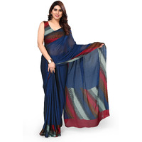 MIRCHI FASHION Womens Plain Weave Chiffon SolidStripe Print Saree with Blouse Piece (38161-Blue)