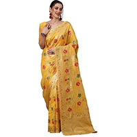 AKHILAM Womens Banarasi Ethnic Motif Organza Woven Zari Work Saree With Unstitched Blouse Piece (Yellow_SOHNA1203)