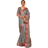 SGF11-Womens Kanjivaram Soft Silk Handloom Saree Golden Zari With Blouse Piece (Grey)