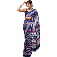 Crafts Moda Pure Cotton Saree for Women Blue Floral Printed with Unstitched Blouse