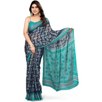 MIRCHI FASHION Womens Chiffon Mix Patola Block Printed Saree with Blouse Piece (39472-Navy Blue, Teal)