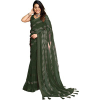 SIRIL Womens Satin Patta Hot Fixing Chiffon Saree with Unstitched Blouse Piece (3349S355_Olive Green)