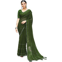 SIRIL Georgette Stone Work Saree for Women With Unstitched Blouse Piece (3432S303_Mehandi Green)