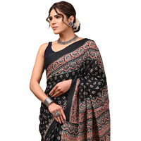 Crafts Moda Women Ajrakh Print Pure Cotton Black Saree Floral Printed With Unstitched Blouse