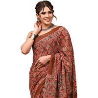 Crafts Moda Womens Cotton Brown Ajrakh Print Saree with Blouse Piece