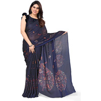 MIRCHI FASHION Womens Plain Weave Chiffon Madhubani Printed Saree with Blouse Piece (37963-Navy Blue, Multi)